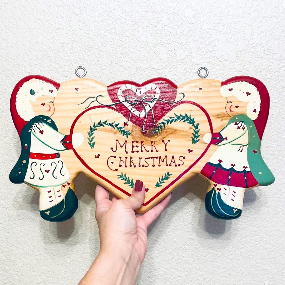 VINTAGE WOOD PLAQUE MERRY CHRISTMAS-SIGN-JDI HANDMADE-HEART-FOLK ART-MEXICO